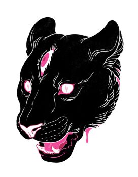 animal animal_focus black_fur black_panther blood dappermouth dripping ears_back head_only high_contrast highres lightning_bolt_symbol liquid monochrome no_humans open_mouth original outline panther pink_blood pink_eyes pink_pupils pink_theme sharp_teeth spot_color symbol-shaped_pupils teeth third_eye transparent_background white_eyes white_outline