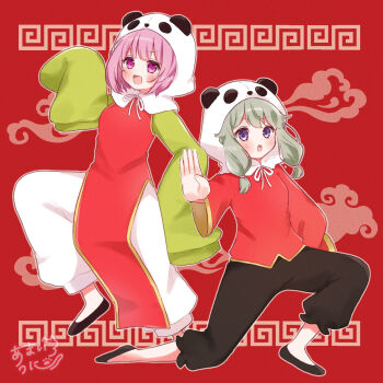 2girls animal_hood chinese_clothes commentary_request full_body green_hair highres hood kusanagi_nene ligh_xi long_hair long_sleeves lungs meandros multiple_girls ootori_emu open_mouth outstretched_arm panda_hood pants pink_eyes pink_hair project_sekai purple_eyes red_background short_hair signature sleeves_past_fingers sleeves_past_wrists smile standing standing_on_one_leg yi_er_fan_club_(vocaloid)