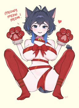 1girl :d absurdres ahoge animal_ear_legwear animal_ears animal_hands backpack bag bell black_hair blue_eyes blue_hair breasts cat_ear_legwear cat_ears cat_girl cat_tail collar colored_inner_hair commentary double-parted_bangs english_commentary full_body gloves hair_between_eyes hair_intakes hands_up highres hololive hololive_english large_breasts long_hair looking_at_viewer m_legs migokami multicolored_hair naked_ribbon neck_bell no_shoes open_mouth ouro_kronii paw_gloves pink_collar randoseru red_gloves red_thighhighs ribbon ribbon_as_bra simple_background sitting smile solo spread_legs tail teeth thighhighs upper_teeth_only virtual_youtuber yellow_background