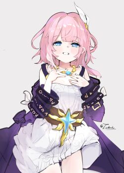 1girl absurdres bare_shoulders blue_eyes breasts coat commentary_request cyrene_(aedes_elysiae)_(honkai:_star_rail) cyrene_(honkai:_star_rail) dress hair_ornament highres honkai:_star_rail honkai_(series) jewelry looking_at_viewer lying multicolored_hair necklace on_back purple_coat rs_(airglow) short_hair small_breasts smile solo thighs twitter_username two-tone_hair white_dress white_hair