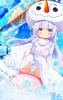 1girl blue_eyes blunt_bangs breasts child commentary_request covered_navel detached_sleeves flower_knight_girl grey_hair hatsuyukisou_(flower_knight_girl) highres innertube one-piece_swimsuit school_swimsuit sitting sleeves_past_fingers sleeves_past_wrists small_breasts snowman_hat solo soutou swim_ring swimsuit thighhighs white_one-piece_swimsuit white_thighhighs wide_sleeves