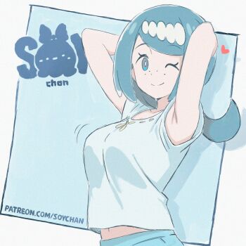 1girl armpits arms_behind_back arms_behind_head arms_up artist_name blouse blue_background blue_eyes blue_hair breasts bright_pupils closed_mouth creative_signature eyelashes freckles heart highres lana's_mother_(pokemon) large_breasts light_smile long_hair looking_at_viewer low_ponytail mature_female medium_breasts navel navel_peek nintendo no_sclera one_eye_closed patreon_username pokemon pokemon_(anime) pokemon_the_series:_sun_&amp;_moon ponytail shirt short_sleeves sidelocks smile solo soy-chan split_mouth t-shirt upper_body watermark web_address white_pupils
