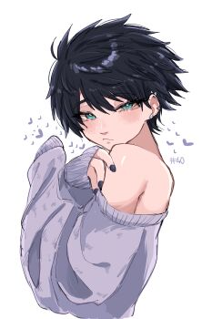 1girl absurdres aqua_eyes black_hair blush closed_mouth commentary_request ear_piercing earrings eyelashes grey_sweater heart highres jewelry koucha_(pankeki_koucha) long_sleeves original piercing short_hair simple_background single_bare_shoulder single_sleeve_past_fingers solo sweater tomboy very_short_hair white_background
