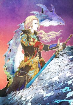 1girl black_coat black_gloves blonde_hair blue_eyes closed_mouth coat commentary_request copyright_name faris_scherwiz final_fantasy final_fantasy_v floating_hair from_side gloves high_collar holding holding_sword holding_weapon long_hair ruka_(blueplus84) sea_monster sword syldra twitter_username water weapon