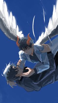 Rule 34 | 2boys, absurdres, black coat, black hair, black shirt, coat, collared shirt, demon horns, falling, feathered wings, hand on another's arm, hand on another's shoulder, highres, horns, keomikan, kim dokja, looking at another, male focus, multiple boys, omniscient reader's viewpoint, open clothes, open coat, popped collar, reaching, reaching towards another, shirt, short hair, sky, surprised, upper body, white coat, white wings, wide-eyed, wings, yoo joonghyuk