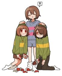 Rule 34 | !, 3others, :t, = =, androgynous, black pants, blue shorts, blue sweater, blunt bangs, brown hair, brown shorts, candy, caught, chara (undertale), child, chocolate, chocolate bar, closed eyes, clothes grab, deltarune, food, food on face, frisk (undertale), full body, green sweater, hair over one eye, heart pendant, highres, holding, holding food, in-franchise crossover, kneeling, kris (deltarune), lifting person, long sleeves, multiple others, no shoes, one eye covered, open mouth, other focus, pants, red eyes, shaded face, short hair, shorts, simple background, socks, spoken exclamation mark, standing, sweater, tadeno, undertale, white background, white socks, wrapping