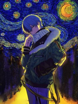 1boy aoyagi_touya closed_mouth ewo_1 fur_trim green_jacket hand_in_pocket highres jacket long_sleeves looking_at_viewer mole mole_under_eye multicolored_hair project_sekai smile solo