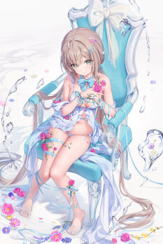 1girl absurdres bare_shoulders barefoot blue_panties breasts breasts_apart brown_hair chair closed_mouth clothing_request commentary flower full_body green_eyes hair_between_eyes hair_ornament hairclip hands_up highres holding holding_flower houkisei light_smile long_hair looking_at_viewer medium_breasts momoko_(houkisei) navel on_chair original panties pink_flower sitting solo stomach toenails toes underwear very_long_hair