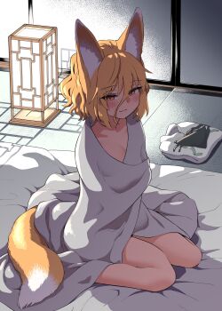 1girl absurdres animal_ear_fluff animal_ears bare_legs black_panties blonde_hair blush breasts covering_with_blanket fluffy_hair folded_clothes fox_ears fox_girl fox_tail full_body futon fuuzasa hair_between_eyes highres indoors kudamaki_tsukasa lamp looking_at_viewer panties romper short_hair sitting sliding_doors solo string tail touhou underwear wariza white_romper yellow_eyes