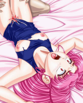 1990s_(style) apple_pie_(artist) bishoujo_senshi_sailor_moon blood blush breasts chibi_usa cum cum_in_pussy defloration loli nipples one-piece_swimsuit open_mouth pink_hair red_eyes retro_artstyle sailor_chibi_moon swimsuit torn_clothes