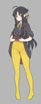 1girl ahoge awa_subaru black_eyes black_hair black_kimono blush closed_mouth clothes_lift commentary girls_band_cry grey_background hair_bun highres japanese_clothes kimono kimono_lift kuuhaku_to_catharsis long_hair looking_at_viewer no_shoes panties panties_under_pantyhose pantyhose parted_bangs sidelocks simple_background single_side_bun solo tanaka_ahiru underwear yellow_pantyhose