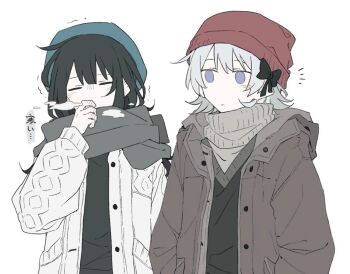 Rule 34 | 2girls, alternate costume, beanie, beret, black bow, black hair, black sweater, blue eyes, bow, breath, chinese commentary, closed eyes, closed mouth, cold, commentary request, grey hair, grey jacket, grey scarf, hair bow, hand up, hat, jacket, kalsept, kurobe nanoka, kurobe nanoka's sister, long hair, long sleeves, looking at another, mahou shoujo no majo saiban, multiple girls, notice lines, open clothes, open jacket, red hat, scarf, scarf over mouth, short hair, siblings, simple background, sisters, spoilers, sweater, trembling, upper body, white background, winter clothes