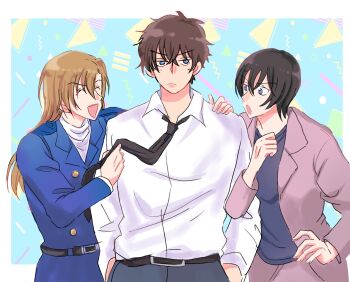 1girl 2boys ^_^ beeemaru02 blonde_hair blue_eyes border brother_and_sister brown_hair closed_eyes collared_shirt commentary_request hagiwara_chihaya hagiwara_kenji highres long_hair matsuda_jinpei meitantei_conan multiple_boys police police_uniform policewoman shirt short_hair siblings triangle white_border white_shirt
