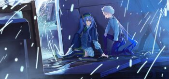 Rule 34 | 1boy, 1girl, aiguillette, astg, atlas academy uniform, blonde hair, blue hair, capelet, captain nemo (fate), collared shirt, debris, fate/grand order, fate (series), full body, game cg, glasses, gradient hair, green eyes, hat, jacket, knee up, large variant set, long hair, long sleeves, multicolored hair, necktie, nemo (fate), official art, on one knee, open mouth, pantyhose, purple eyes, shirt, shoes, shorts, sion eltnam (type-moon), sion eltnam sokaris, sitting, skirt, spoilers, takeuchi takashi, thighhighs, third-party source, turban, twintails, variant set, very long hair, white turban