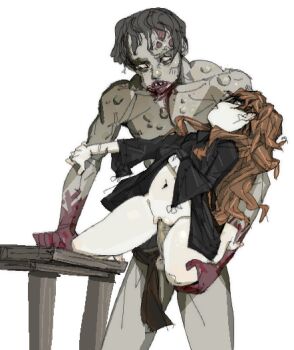 1boy 1girl amputee balding black_hair black_shirt blank_eyes blood blood_from_mouth blood_on_hand bottomless brown_hair censored clothed_female_nude_male clothed_sex clothes_lift commentary double_amputee english_commentary erection fear_&amp;_hunger_(series) fear_&amp;_hunger_1 grabbing_another's_arm grey_hair hand_under_clothes hetero interspecies jaggy_lines kamamarata legless_amputee lifting_own_clothes long_hair long_sleeves loose_clothes loose_shirt mosaic_censoring navel nude penis profile receding_hairline scar scar_on_arm sex sex_from_behind shaded_face sharp_teeth shirt shirt_lift short_hair simple_background stomach teeth testicles the_girl_(fear_&amp;_hunger) thighs tumor vaginal very_short_hair wavy_hair white_background wide_sleeves zombie