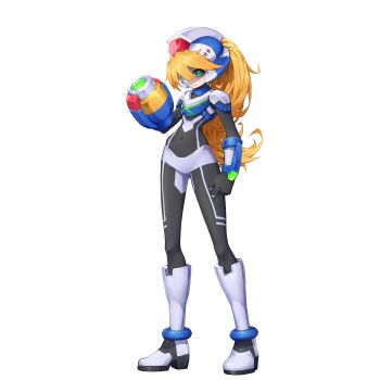 1girl absurdres alternate_costume alternate_eye_color arm_cannon armor armored_boots armored_gloves assault_visor biometal blonde_hair body_armor boots breasts ciel_(mega_man) commission commissioner_upload covered_navel eyelashes forehead_jewel frown full_body gauntlets gloves green_eyes helmet highres kiauwrenn long_bangs long_hair looking_at_viewer mega_man_(series) mega_man_zero_(series) mega_man_zx model_x_(mega_man) non-web_source petite ponytail shoulder_armor small_breasts solo thighs transparent_background weapon x_(mega_man)