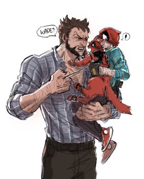 ! 2boys animal arm_hair beard belt brown_hair brown_pants carrying cat catpool chest_hair child_carry claw_(weapon) clenched_hand deadpool_&amp;_wolverine deadpool_(series) english_text facial_hair hashtag-only_commentary heart highres holding holding_animal holding_cat kidpool looking_at_another male_focus marvel marvel mature_male mcbuckwheat multiple_boys muscular muscular_male pants pectorals plaid_clothes plaid_shirt red_mask scar scars_all_over shirt shoes short_hair simple_background sneakers speech_bubble teeth too_many weapon white_background wolverine_(x-men)
