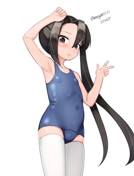 Rule 34 | 1girl, absurdres, aged down, armpit focus, armpits, black eyes, black hair, blue one-piece swimsuit, breasts, covered navel, dated, feet out of frame, highres, kantai collection, long hair, maru (marg0613), nachi (kancolle), one-hour drawing challenge, one-piece swimsuit, school swimsuit, side ponytail, simple background, small breasts, solo, swimsuit, thighhighs, twitter username, white background, white thighhighs