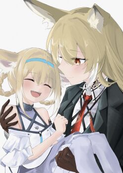 2girls :d ^_^ absurdres animal_ear_fluff animal_ears arknights bare_shoulders black_jacket blonde_hair blue_hairband blush brown_gloves carrying carrying_person closed_eyes closed_mouth fox_ears fox_girl gloves grey_pantyhose hair_between_eyes hairband hashtag-only_commentary highres infection_monitor_(arknights) jacket kusagatabi lapels laughing long_hair looking_at_another material_growth mother_and_daughter multicolored_hair multiple_girls necktie open_mouth orange_eyes oripathy_lesion_(arknights) pantyhose princess_carry red_necktie short_hair simple_background smile streaked_hair suzuran_(arknights) teeth upper_teeth_only vulpisfoglia_(arknights) white_background