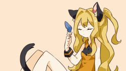 Rule 34 | 1girl, animal ears, cat ears, cat tail, closed eyes, collared shirt, expressionless, feathers, holding, holding feather, knees up, long hair, lupin strawberry, seeu, shirt, sleeveless, sleeveless shirt, solo, tail, two side up, very long hair, vocaloid, wrist cuffs