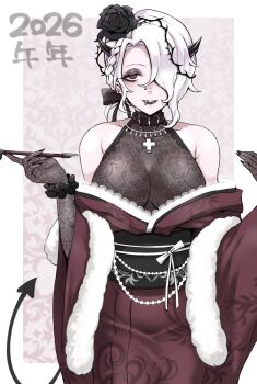 1girl bare_shoulders black_horns breasts demon demon_girl demon_horns demon_tail ear_piercing face_piercing fingernails hair_over_one_eye half-closed_eyes helltaker highres holding holding_smoking_pipe horns japanese_clothes kimono looking_at_viewer mouth_piercing new_year nose_piercing piercing red_eyes red_kimono sharp_fingernails smoking_pipe standing sumiosmith tail white_hair zdrada_(helltaker)