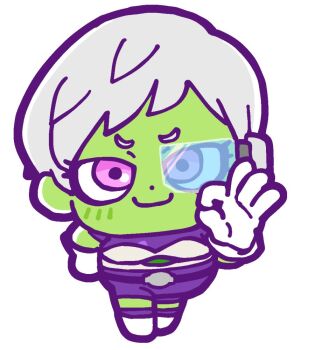 &gt;:) 1girl bkub bodysuit cheelai chibi chibi_only closed_mouth colored_skin dot_nose dragon_ball dragon_ball_super eyelashes full_body gloves green_skin hand_up ok_sign pink_eyes purple_bodysuit scouter short_hair simple_background solo v-shaped_eyebrows very_short_hair white_background white_gloves white_hair