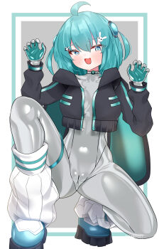 1girl :d absurdres ahoge aqua_bodysuit aqua_eyes aqua_hair bodysuit bodysuit_under_clothes boots breasts claw_pose covered_pussy cropped_jacket grey_bodysuit hair_ornament highres hood hood_down hooded_jacket jacket latex latex_bodysuit looking_at_viewer maguro27 medium_breasts multicolored_bodysuit open_mouth original rabbit_hair_ornament shiny_clothes short_hair skin_tight smile solo squatting thigh_strap two-tone_bodysuit variant_set