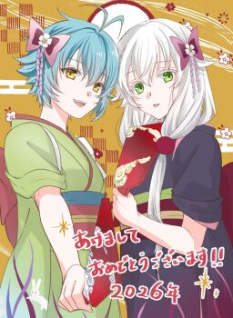 2026 2girls ahoge altina_orion blue_hair breasts commentary_request double-parted_bangs eiyuu_densetsu green_eyes hagoita hair_between_eyes highres holding holding_paddle japanese_clothes kimono long_hair looking_at_viewer low-tied_long_hair millium_orion multiple_girls new_year open_mouth paddle parted_lips runrui_kaku sen_no_kiseki_(series) short_hair siblings sisters small_breasts smile two_side_up white_hair yellow_eyes