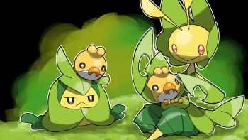 :> :< animal_focus antennae black_background blacknirrow bug closed_mouth evolutionary_line fangs gen_5_pokemon half-closed_eyes highres leaf leavanny nintendo no_humans on_head on_lap outline pokemon pokemon_(creature) pokemon_on_head pokemon_on_lap red_eyes sewaddle sitting smile swadloon white_outline