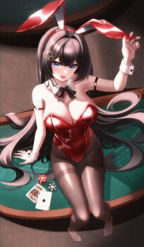 Rule 34 | 1girl, absurdres, animal ears, arm strap, black bow, black bowtie, black hair, black pantyhose, blue eyes, bow, bowtie, breasts, card, cleavage, collar, commentary request, covered navel, detached collar, fake animal ears, full body, hair ornament, heart, heart hair ornament, heart o-ring, highres, juchyoko, korean commentary, large breasts, leotard, mole, mole on breast, o-ring, o-ring arm strap, open mouth, pantyhose, playboy bunny, playing card, poker chip, poker table, rabbit ears, red leotard, shirayuki hina, sitting, solo, stellive, table, virtual youtuber, white collar, white wrist cuffs, wrist cuffs