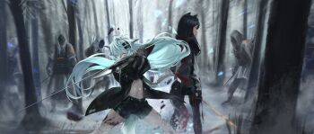 2girls absurdres action animal_ear_fluff animal_ears arknights back-to-back black_hair black_jacket blurry blurry_background cr_iws_t_72 fighting_stance gloves glowing glowing_sword glowing_weapon hair_ornament hairclip highres holding holding_weapon jacket lappland_(arknights) long_hair long_image long_sleeves material_growth multiple_girls navel oripathy_lesion_(arknights) penguin_logistics_(arknights) scar scar_across_eye scar_on_face silver_hair snow sword tail texas_(arknights) weapon wide_image winter wolf_ears
