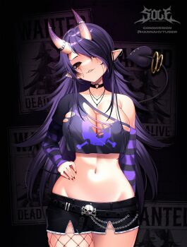 1girl breasts captain_hannah cleavage commission cropped_shirt demon_tail eyepatch hair_over_one_eye hand_on_own_hip heart heart_eyepatch highres horn_ornament horn_ring horns indie_virtual_youtuber large_breasts long_hair looking_at_viewer makeup navel oni pointy_ears purple_hair red_eyes red_nails runny_makeup short_shorts shorts single_fishnet_legwear solevisionarts solo tail tail_ornament tail_ring virtual_youtuber