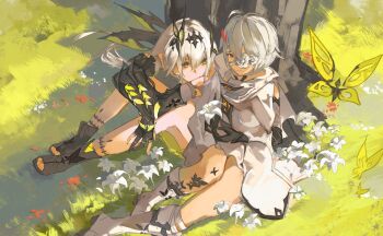 2girls absurdres against_tree black_gloves black_horns black_shoes black_tiara blonde_hair bug butterfly closed_mouth commentary covered_mouth dress duet_night_abyss english_commentary flower gloves highres horns insect leg_tattoo lily_(flower) multiple_girls phoxhunter_(duet_night_abyss) psyche_(duet_night_abyss) red_eyes red_flower red_horns saturn_(saturn_illus) shoes sitting smile tattoo the_girl_in_the_dream_(duet_night_abyss) tiara tree white_dress white_hair white_shoes