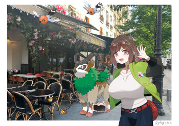1girl absurdres apple_hair_ornament awning bird border breasts bright_pupils brown_hair chair commentary_request cosplay dedenne denim eyelashes eyewear_on_head fang fletchling flower food-themed_hair_ornament gen_6_pokemon glassy0302 gogoat green_jacket hair_ornament harmony_(pokemon) harmony_(pokemon)_(cosplay) highres huge_breasts jacket kuraishi_ringo_(glassy0302) lamppost long_sleeves nintendo open_clothes open_jacket open_mouth original photo_background pokemon pokemon_(creature) pokemon_legends:_z-a purple_eyes red_bag red_eyes shirt short_hair smile spritzee sunglasses table tinted_eyewear tree twitter_username waving white_border white_pupils white_shirt window
