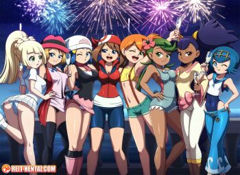 6+girls arm_up armpits ass bandana bare_shoulders bent_over bike_shorts black_hair black_thighhighs blonde_hair blue_eyes blue_hair blush boots braid breasts brown_eyes brown_hair choker cleavage closed_mouth clothes_lift collarbone covered_navel crop_top crown_braid cup dark-skinned_female dark_skin dawn_(pokemon) denim denim_shorts drinking_glass eyebrows facing_viewer feet_out_of_frame female_focus fingernails fireworks flower green_eyes green_hair grin hair_flower hair_ornament half-closed_eyes hand_on_another&#039;s_hip hand_on_own_hip hand_up happy hat iris_(pokemon) knee_boots lana_(pokemon) leg_lift legs_apart legs_together lillie_(pokemon) lineup long_hair long_sleeves looking_at_another looking_at_viewer mallow_(pokemon) may_(pokemon) medium_breasts misty_(pokemon) multiple_girls navel night night_sky nintendo one-piece_swimsuit one_eye_closed open_mouth outdoors panties pants pantylines pantyshot parted_lips pink_footwear pink_skirt pleated_skirt pokemon pokemon_(anime) pokemon_(classic_anime) pokemon_bw_(anime) pokemon_dppt_(anime) pokemon_rse_(anime) pokemon_sm_(anime) pokemon_xy_(anime) ponytail reit self-upload serena_(pokemon) shiny_clothes shiny_skin shirt shoes short_hair short_sleeves shorts skirt skirt_lift sky sleeveless small_breasts smile socks standing standing_on_one_leg star_(sky) starry_sky striped_clothes striped_panties swimsuit tagme teeth thighhighs tongue tongue_out twintails underwear upper_teeth_only watermark web_address white_footwear white_pants white_skirt wide_sleeves wink