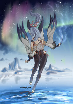 1girl absurdres aqua_nails aqua_toenails artist_request aurora bare_shoulders bent_over black_bodysuit bodystocking bodysuit bodysuit_under_clothes braid breast_curtain breasts clothing_cutout covered_navel crease detached_sleeves expressionless eyelashes feet female_focus fingernails full_body genshin_impact gloves grey_eyes groin hair_ornament hair_over_one_eye high_heel_sandals highres hip_vent ice knee_up large_breasts legs long_hair looking_at_viewer low-braided_long_hair low-tied_long_hair nail_polish no_panties outdoors outstretched_arms partially_fingerless_gloves platform_sandals puffy_sleeves sandals scan shenhe_(genshin_impact) sidelocks skin_tight sky standing standing_on_one_leg tassel tassel_hair_ornament thighs toenail_polish toenails toes very_long_hair vision_(genshin_impact) white_hair