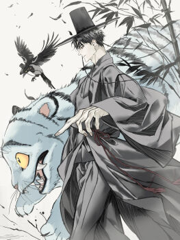 Rule 34 | 1boy, absurdres, bird, black feathers, black hair, black hat, black jacket, black pants, cowboy shot, crow, derpy (kpop demon hunters), falling feathers, fangs, feathers, hat, highres, jacket, jinu (kpop demon hunters), kpop demon hunters, light smile, male focus, pants, parted bangs, short hair, sussie (kpop demon hunters), tiger, wide brim, wide sleeves, worldsound77, yellow eyes