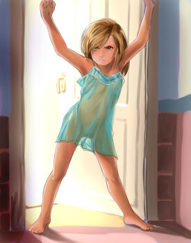 1girl barefoot blonde_hair blush camisole cleft_of_venus feet female_focus flat_chest gekkou_(geccomajin) indoors lingerie loli looking_at_viewer model negligee no_bra no_panties see-through_clothes solo tagme underwear