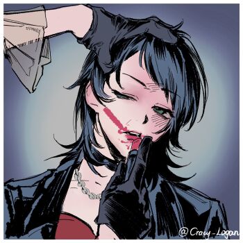 Rule 34 | 2girls, applying lipstick, applying makeup, bang dream!, bang dream! it's mygo!!!!!, black choker, black gloves, black hair, blue eyes, border, chinese commentary, choker, commentary request, cracy logan, dual persona, gloves, highres, jewelry, lipstick, makeup, multiple girls, necklace, open mouth, smeared lipstick, teeth, timoris (bang dream!), upper body, upper teeth only, white border, yahata umiri