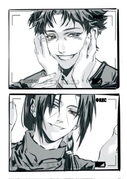 2boys border chinese_commentary commentary_request corrupted_twitter_file greyscale grin hair_tie highres long_hair low_ponytail male_focus momoyoru1 monochrome multiple_boys naruto_(series) naruto_shippuuden ponytail short_hair smile uchiha_itachi uchiha_shisui viewfinder white_background white_border yaoi