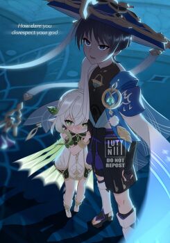 1boy 1girl anemo_symbol_(genshin_impact) animal_print anklet aqua_gemstone aqua_kimono aqua_pupils aqua_sleeves arm_at_side armor artist_name belt bird_print black_belt black_bodysuit black_bow black_footwear black_hair black_shorts black_socks blue_cape blue_hat blunt_ends blush bodysuit bow braid bridal_gauntlets cape clenched_hand cross-shaped_pupils crown_braid dress english_text eyelashes eyeliner eyeshadow feathers full_body furisode gem genshin_impact glaring gold gold_trim gradient_hair gradient_sleeves green_cape green_eyes green_hair hair_between_eyes hair_ornament hakama hakama_shorts han&#039;eri hand_on_another&#039;s_back hand_on_another&#039;s_shoulder hand_on_another&#039;s_thigh hat height_difference highres japanese_armor japanese_clothes jewelry jingasa kimono knees kote kurokote layered_clothes layered_kimono leaf leaf_hair_ornament leaning_on_person leg_warmers looking_up luty_nii makeup mandarin_collar menacing middle_eastern_architecture multicolored_hair nahida_(genshin_impact) okobo open_clothes open_kimono open_mouth parted_lips platform_sandals pleated_shorts pointy_ears pom_pom_(clothes) protecting purple_eyes purple_rope purple_sash red_eyeliner red_eyeshadow rope sandals sanpaku sash scaramouche_(genshin_impact) shaded_face shadow short_sleeves shorts shorts_tug shoulder_peek side-by-side socks standing stirrup_footwear symbol-shaped_pupils tassel teardrop tearing_up teeth thighs threat tilted_headwear toeless_footwear toes tongue v-shaped_eyebrows vision_(genshin_impact) wanderer_(genshin_impact) watermark white_dress white_footwear white_hair white_kimono white_leg_warmers white_sleeves yellow_feathers