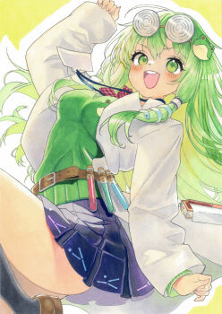 1girl :d alternate_costume ass_peek belt blue_skirt blush book bow breasts brown_belt brown_shoes coke-bottle_glasses collared_shirt colored_pencil_(medium) dot_nose eyewear_on_head frog_hair_ornament glasses green_eyes green_hair green_sweater green_sweater_vest hair_ornament hair_tubes happy highres id_card kochiya_sanae kochiya_sanae_(naive_science_club_student) lab_coat long_hair long_sleeves looking_at_viewer medium_breasts miniskirt mochi_analog open_mouth patterned_clothing pen print_skirt red_bow shirt shoes single_hair_tube single_sidelock sitting skirt smile snake_hair_ornament solo sweater sweater_vest teeth touhou touhou_lostword traditional_media upper_teeth_only vial wide_sleeves yellow_background