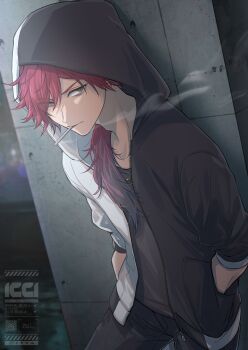 1boy absurdres alternate_costume black_jacket black_pants black_shirt cigarette closed_mouth commentary cowboy_shot green_eyes hair_between_eyes hands_in_pockets highres hood hood_up icci_1 jacket lauren_iroas long_hair looking_to_the_side male_focus nijisanji pants red_hair shirt smoke smoke_trail smoking solo virtual_youtuber