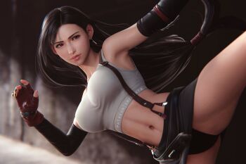 1girl 3d black_hair black_panties black_skirt breasts crop_top earrings elbow_pads final_fantasy final_fantasy_vii fingerless_gloves gloves high_kick highres jewelry kicking large_breasts lips long_hair low-tied_long_hair midriff miniskirt navel panties parted_lips red_eyes red_gloves single_earring single_elbow_pad skirt solo sreliata stomach suspender_skirt suspenders tank_top tifa_lockhart underwear very_long_hair white_tank_top