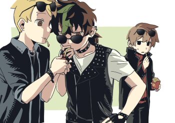 Rule 34 | 3boys, animification, bad boys (limited life smp), black eyes, black gloves, black jacket, black pants, black shirt, black vest, blonde hair, border, brown eyes, brown hair, chain, chain necklace, commentary, confused, ear piercing, eyewear on head, fingerless gloves, food, french fries, gloves, greaser fashion, green background, grian (youtuber), hair between eyes, hashtag-only commentary, highres, holding, holding food, jacket, jewelry, ketchup, limited life smp, long sleeves, looking at another, low ponytail, male focus, matching outfits, mcdonald's, minecraft youtube, mipaihere, multicolored hair, multiple boys, necklace, official alternate costume, open clothes, open jacket, pants, piercing, ponytail, pretend cigarette, red sweater, shirt, short hair, short sleeves, simple background, smallishbeans, solidaritygaming, standing, streaked hair, studded choker, sunglasses, sweatdrop, sweater, traffic life series, turtleneck, turtleneck sweater, upper body, vest, white border, white shirt, you're doing it wrong