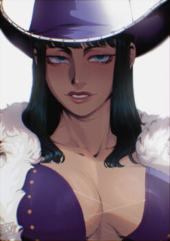 1girl aegyo_sal black_dress black_hair blackberreh-art blue_eyes blunt_bangs breasts coat commentary cowboy_hat cross-laced_clothes cross-laced_top dress fur-trimmed_coat fur_trim hat highres medium_hair nico_robin one_piece parted_lips purple_shirt red_lips shirt short_eyebrows sidelocks simple_background solo watermark white_background white_coat