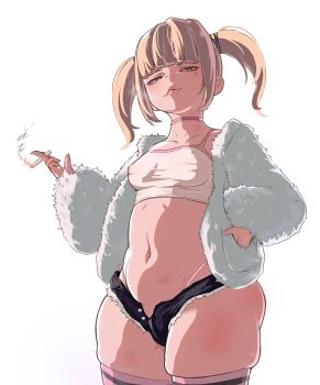 1girl absurdres blonde_hair breasts choker cigarette crop_top highleg highleg_panties highres ioxat kyojiri_loli loli looking_at_viewer mesugaki mole mole_under_eye navel nipples panties short_shorts shorts skindentation small_breasts thick_thighs thighs twintails underwear unzipped