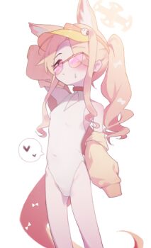 1girl animal_ear_fluff animal_ears arm_behind_head arm_up bare_shoulders blonde_hair blue_archive closed_mouth covered_navel cross_halo diamond_cutout extra_ears feet_out_of_frame flat_chest fox_ears fox_girl fox_tail from_side halo heart highleg highleg_one-piece_swimsuit highres jacket loli long_hair long_sleeves long_tail looking_at_viewer looking_up off_shoulder one-piece_swimsuit one_eye_covered seia_(blue_archive) seia_(swimsuit)_(blue_archive) side_ponytail simple_background sleeves_past_fingers sleeves_past_wrists solo spoken_heart sunglasses sweatdrop swimsuit tail thighs tinted_eyewear very_long_hair visor_cap white_background white_one-piece_swimsuit yellow_halo yellow_jacket yellow_visor yungun_(dbsrjsdn0330)