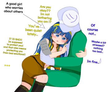 1boy 1girl absurdres artist_self-insert blue_skin colored_skin earrings highres jewelry long_hair michigami_nareko navel open_clothes open_mouth simple_background sweat touhou xsmile