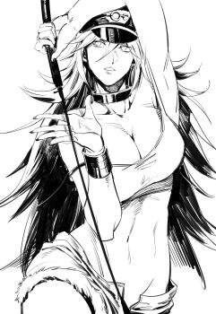 Rule 34 | 1girl, absurdres, armpits, big hair, bracelet, breasts, cleavage, collar, contrapposto, cowboy shot, female focus, final fight, fingernails, greyscale, hair between eyes, hand up, hat, highres, jewelry, large breasts, long hair, looking to the side, metal collar, monochrome, open fly, parted lips, peaked cap, poison (final fight), riding crop, ruukii drift, short shorts, shorts, simple background, solo, street fighter, tank top, very long hair, whip, white background